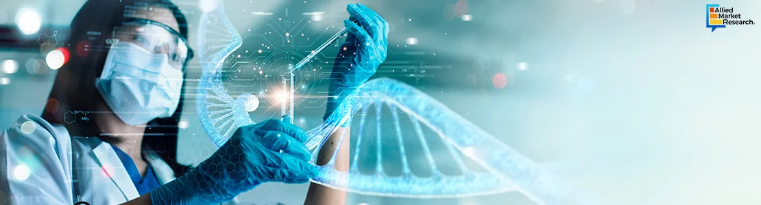 Scientist in lab coat holding DNA strand