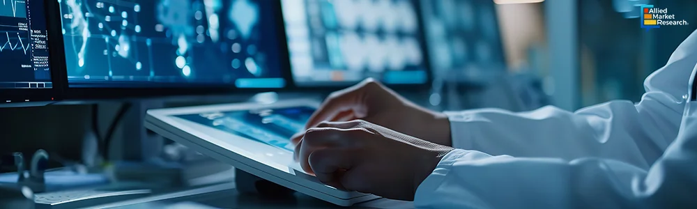 Lab researcher in a white coat using a tablet for scientific experimentation